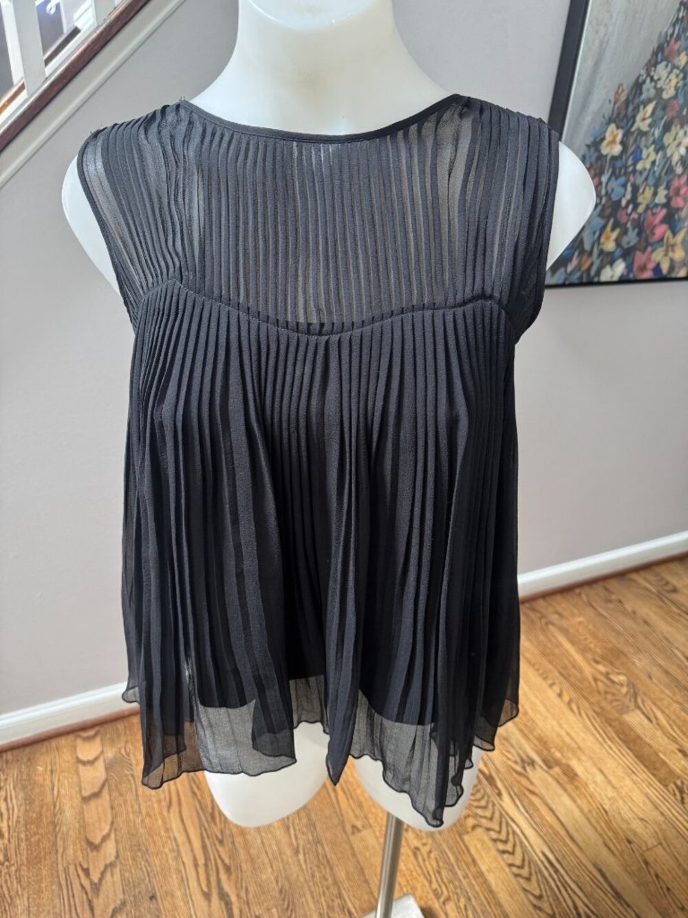 Madison Marcus 100% Silk Pleated Ruffle Top Blouse Black Size XS